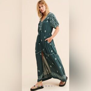 Free People Riley Embroidered Maxi Dress Greyed Olive